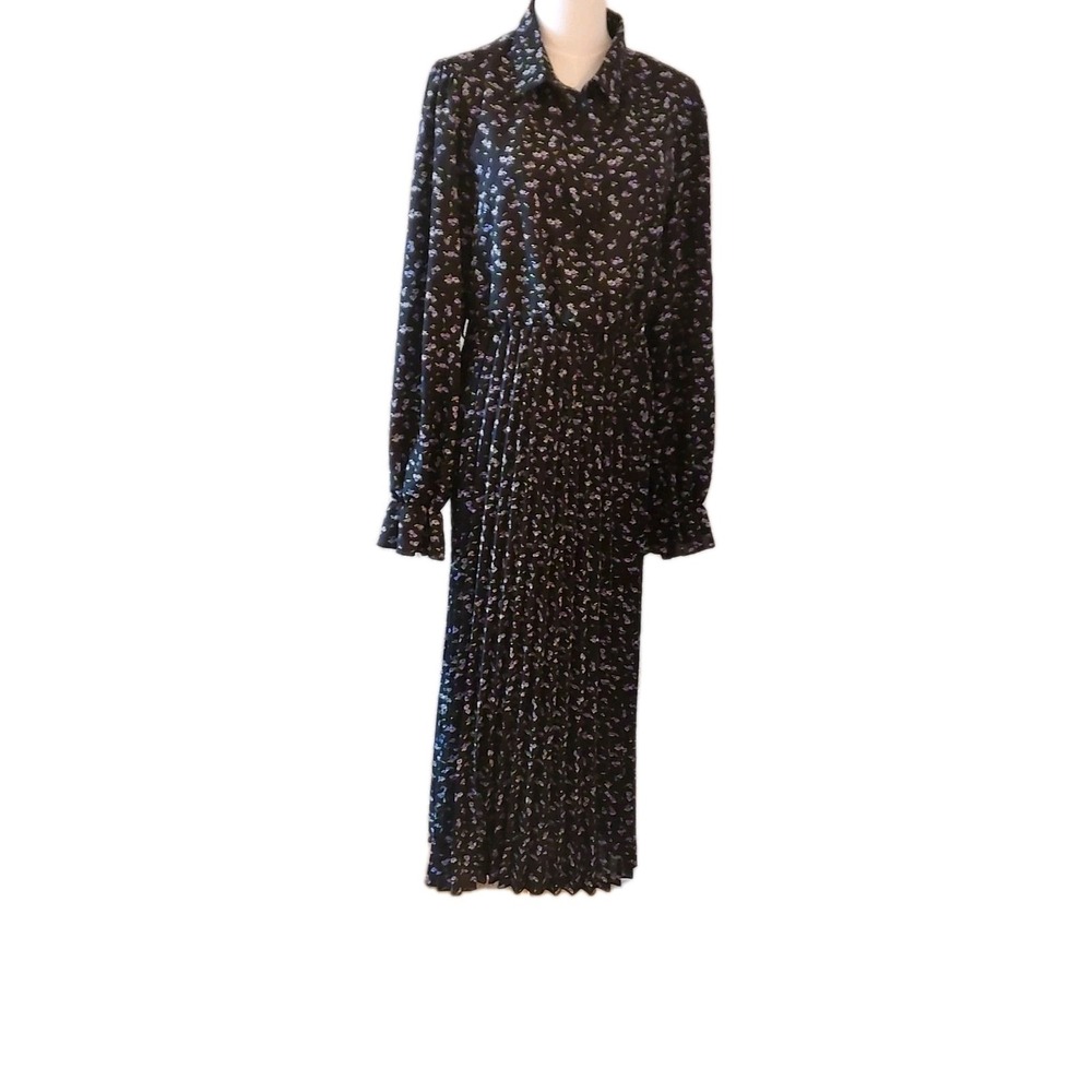 Navy Blue Floral Button Down Long Sleeve Modest Maxi‎ Shirt Dress Boho NO BELT M